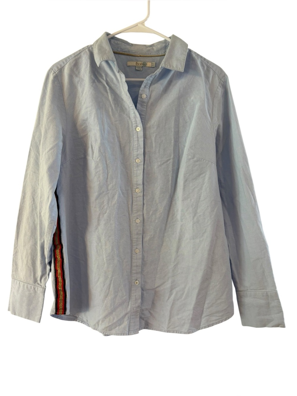 Boden Women’s Pale Blue Button-Down Shirt with Multicolor Side Stripe Size 12